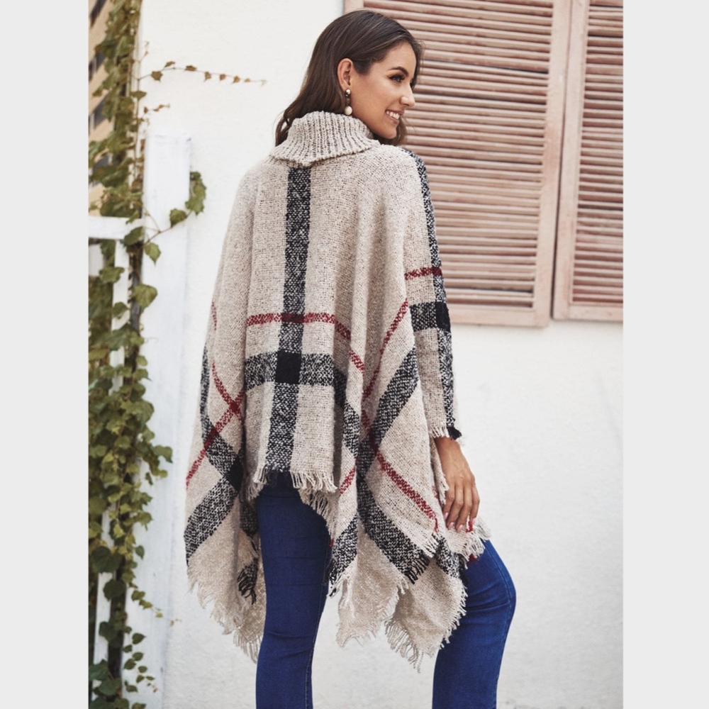 Plaid Beige Turtleneck Poncho - Picture 3 of 8